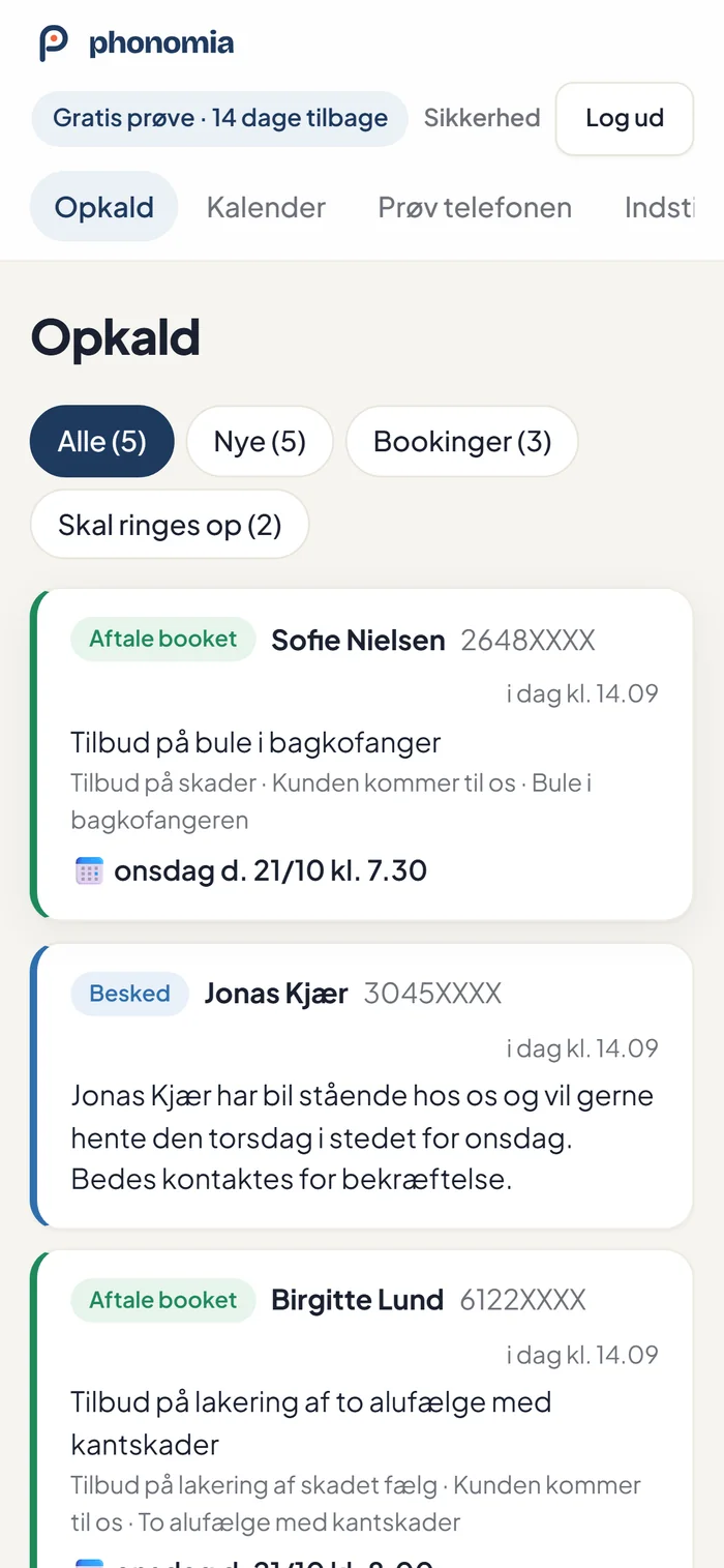 Opkaldslisten vist på en mobiltelefon.